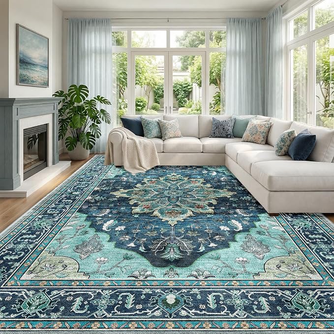 RELEANY Area Rugs Large 10'x12' Washable Non-Slip, Floral Vintage Distress by RELEANY
