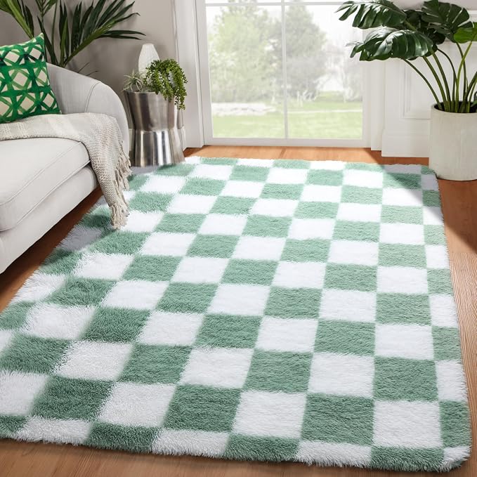 KICMOR 4x6 Rug for Bedroom Living Room, Fluffy Sage Green and White Checkered - Image 9