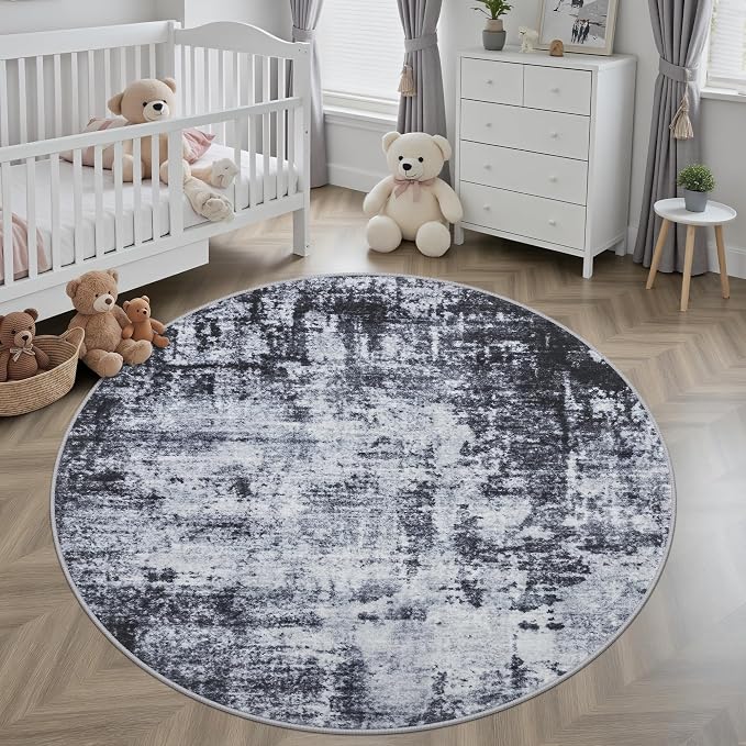 Round Area Rug for Living Room: 8 ft Washable Modern Abstract Soft Thin Rug - Image 4