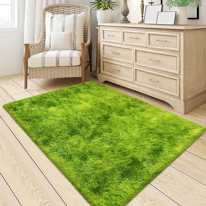 Tie Dyed Grass Green Rug 3x5 ft, Soft Plush Furry Shag Area Rugs Fluffy Fuzzy - Image 3