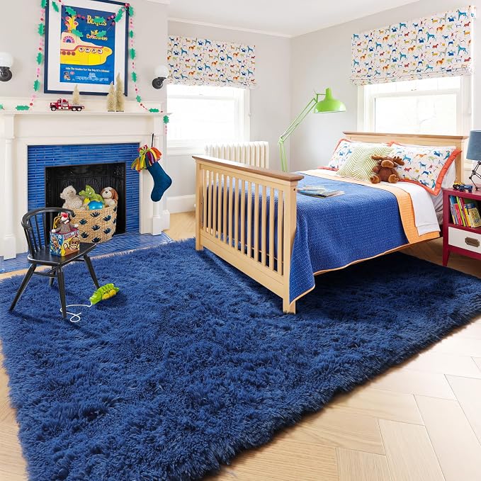 Amdrebio Navy Blue Area Rugs for Boys Bedroom, Fluffy Shag Furry Bedside Rug - Image 3