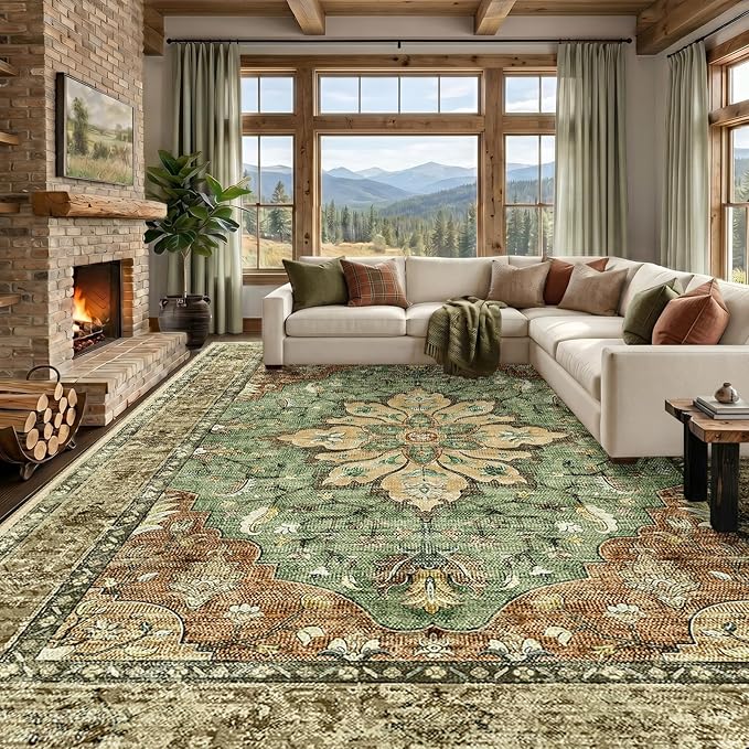 RELEANY Area Rugs Large 10'x14' Washable Non-Slip, Floral Vintage Distress by RELEANY