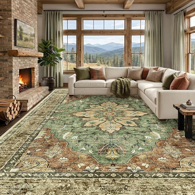 RELEANY Area Rugs Large 9'x12' Washable Non-Slip, Floral Vintage Distress by RELEANY