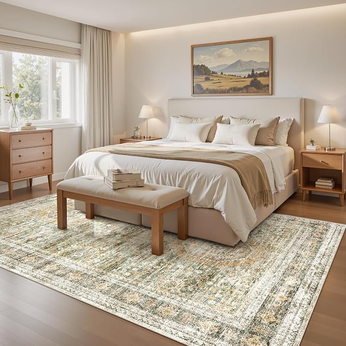 Soalmost 5x7 Area Rugs Green Orange Low Pile Indoor Washable Trendy Faded Style - Image 4