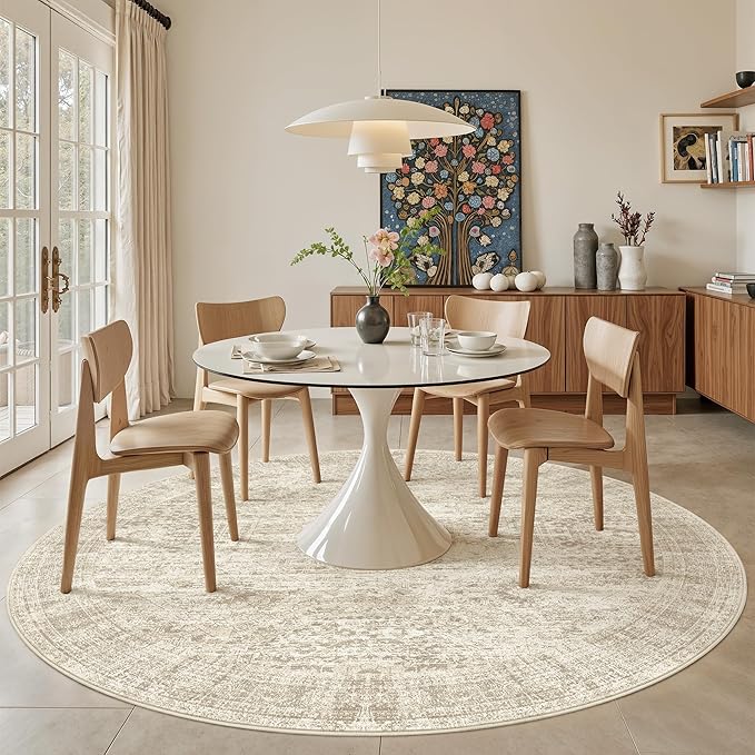Soalmost 8x8 Beige Round Rug 8ft Living Room Circle Rug Vintage Round Area Rug - Image 3