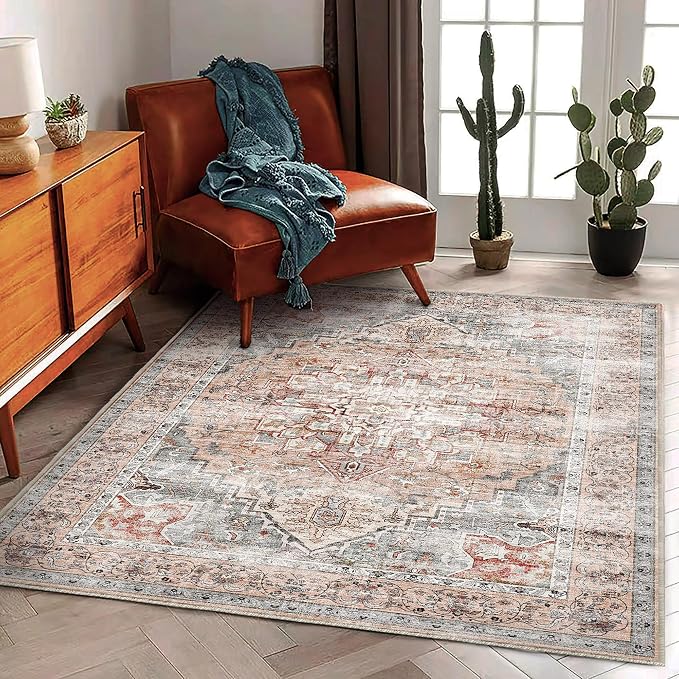 CHAMPLANT 3'x5' Light Cyan and Light red Vintage Washable Thin Area Rug by CHAMPLANT