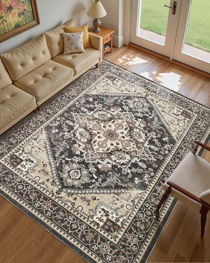 9x12 Vintage Area Rug: Washable Neutral Soft Non Slip Thin Large Floor Carpet by MICGEEK