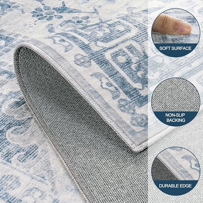8x10 Area Rugs for Living Room:Blue Washable Vintage Medallion Boho Rug - Image 8