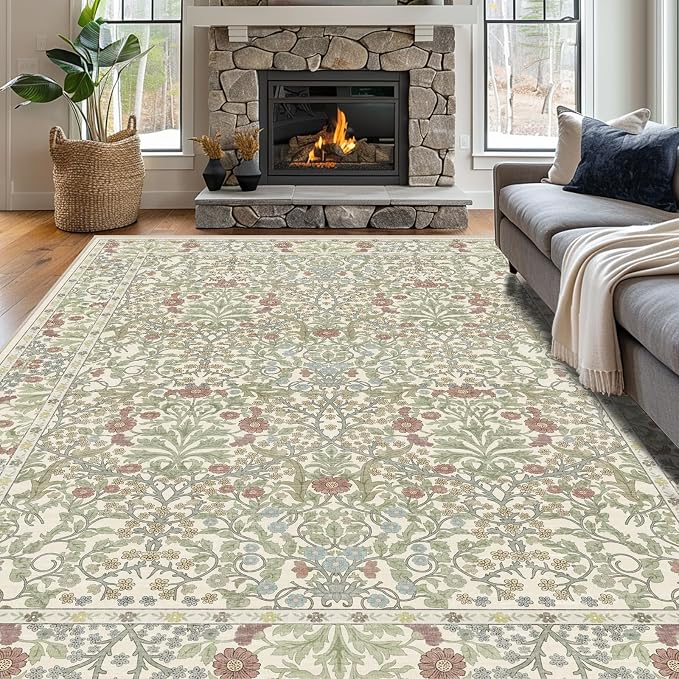 Vintage Light Green Living Room Rug, 9x12 Washable Area Rugs - Image 3