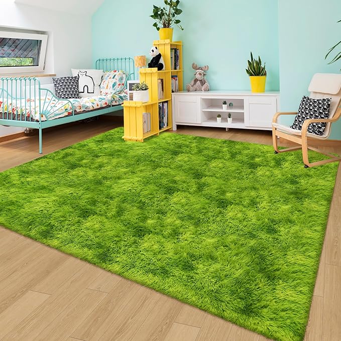 Tie Dyed Grass Green Shag Rug 5x8, Soft Plush Green Fluffy Rug Large Fuzzy Area - Image 2
