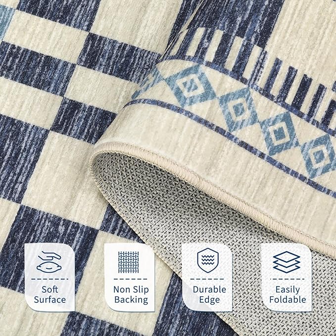 GarveeHome 2x8 Runner Rug for Kitchen Bathroom Modern Blue Checkered Long Rug - Image 5