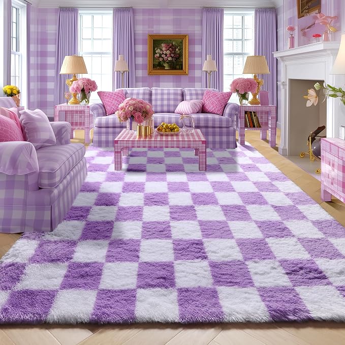 KICMOR Purple Rugs for Living Room Bedroom, Fluffy Soft Checkered 5x8 Area Rug by KICMOR
