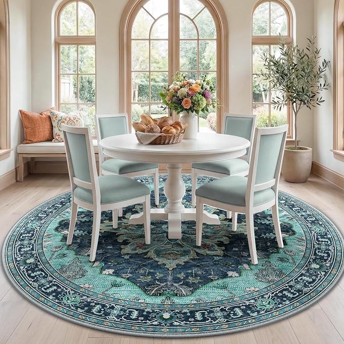 RELEANY Area Rugs Round 7ft Washable Non-Slip, Floral Vintage Distress by RELEANY
