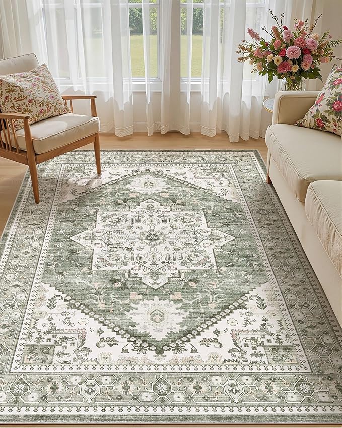 7x9 Vintage Area Rug: Washable Neutral Soft Non Slip Thin Large Floor Carpet by MICGEEK