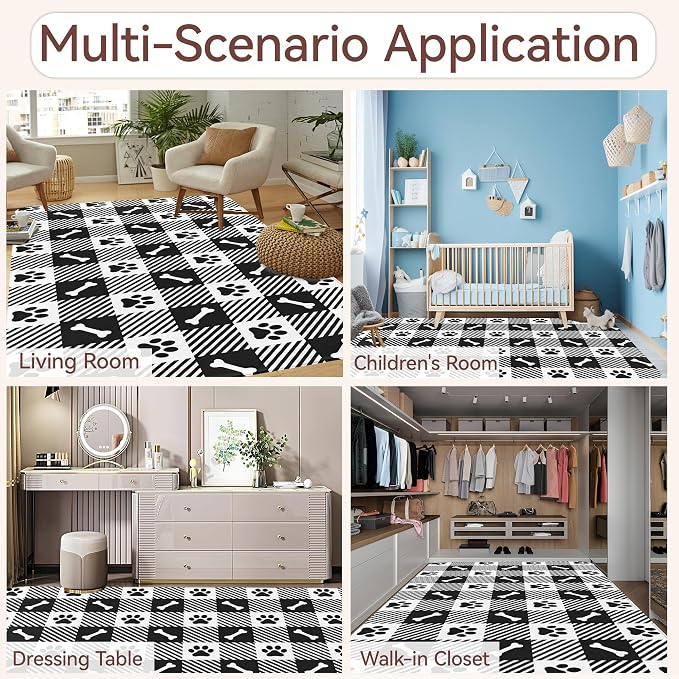 Area Rugs Paw Bone Plaid Modern Neutral Large Living Room Carpet Checkered Dog - Image 7