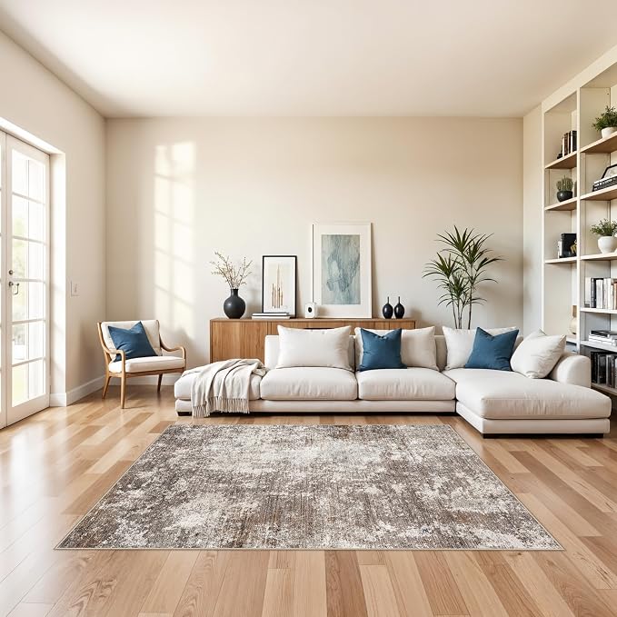 5x8 Washable Living Room Area Rug Modern Neutral Abstract Rug by BYYVOORugsforYourHome