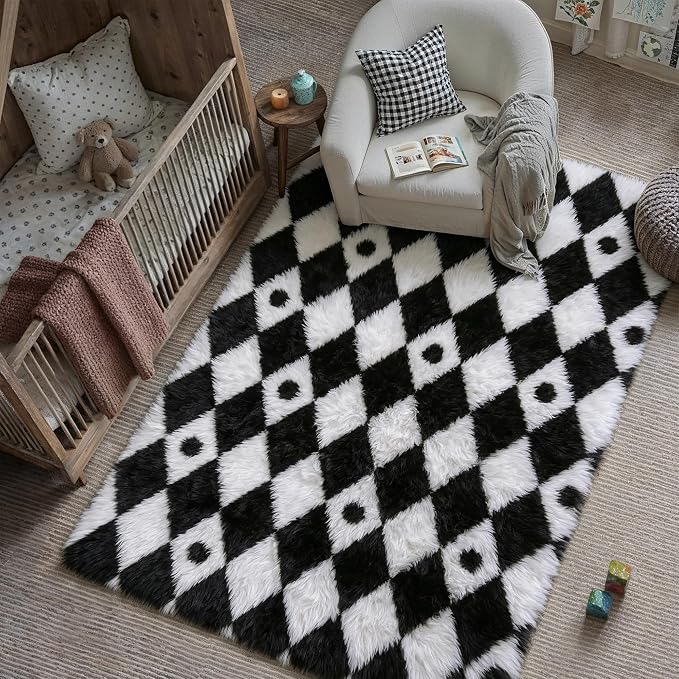 PureCozy Checkered Rug 5x7 Fluffy Shag Living Room Black and White Area Rug - Image 4