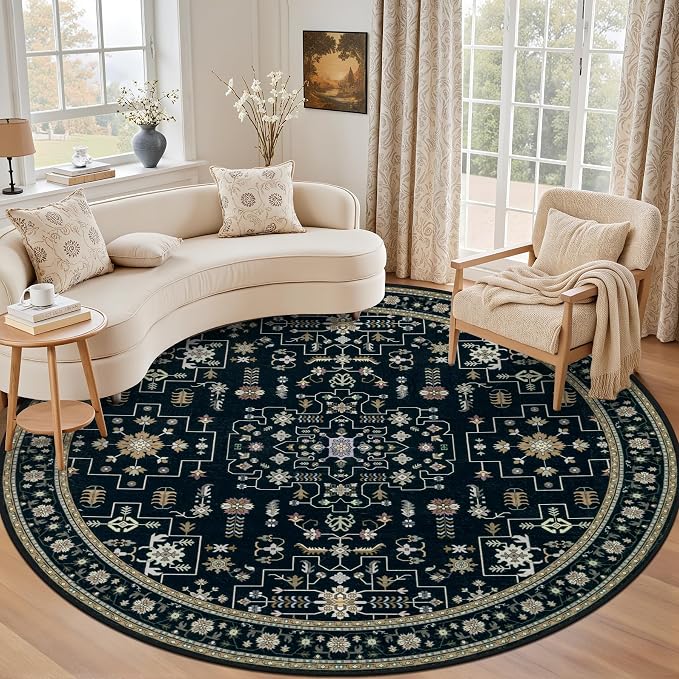 Round Area Rug for Living Room: 6ft Washable Vintage Boho Soft Thin Circle Rug by EXPEDIX