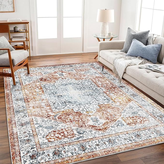CHAMPLANT Area Rug 8x10 Washable Rug Tangerine Vintage Traditional Mat by CHAMPLANT