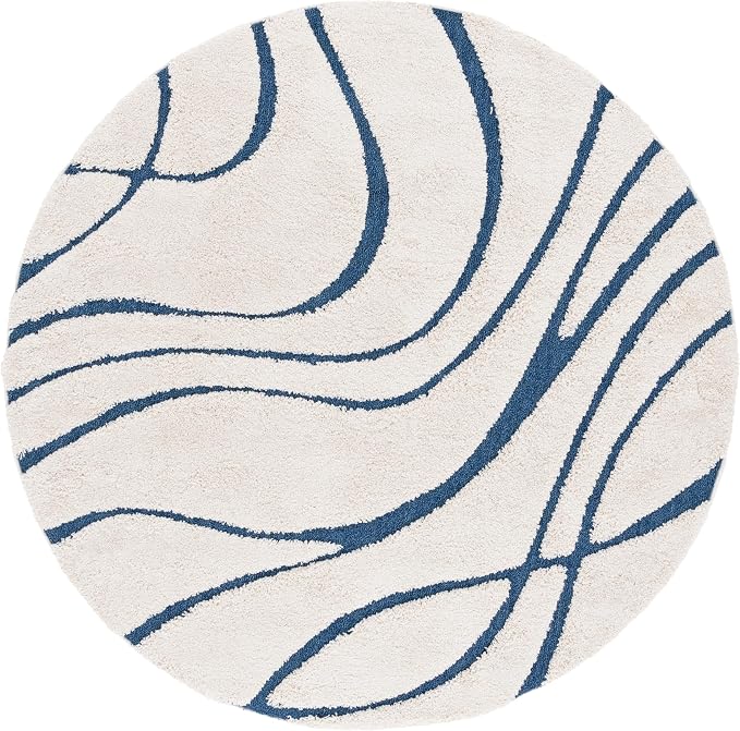 SAFAVIEH Florida Shag Collection 8' Round Cream/Blue SG471 Abstract Wave - Image 3