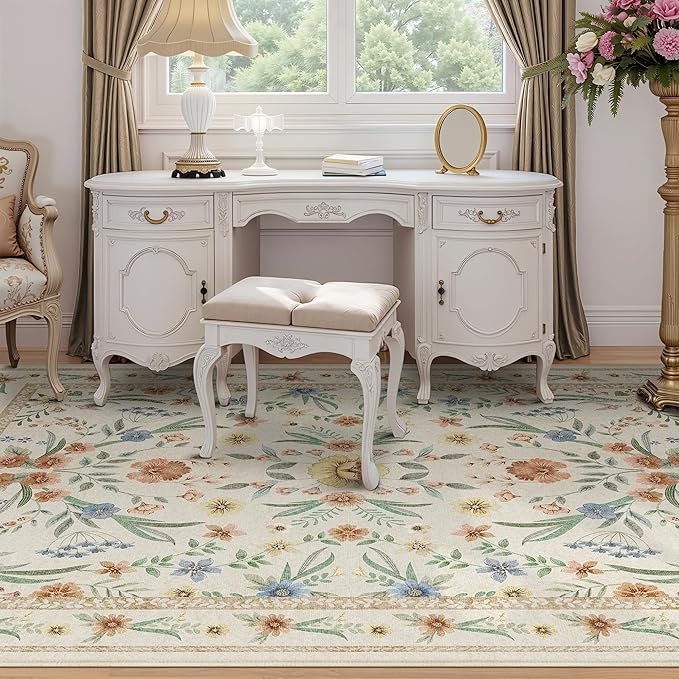 Beige Floral Area Rug 5x7, Neutral Washable Girls Bedroom Rug - Image 3