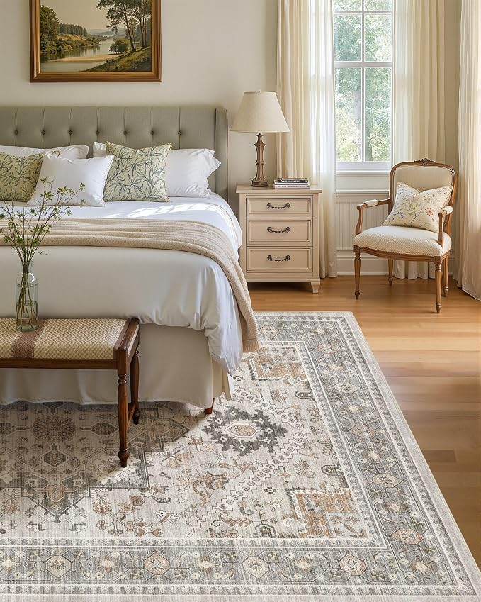 7x9 Vintage Area Rug: Washable Neutral Soft Non Slip Thin Large Floor Carpet - Image 3