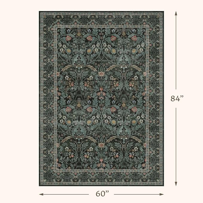 Dusty Teal Area Rug for Living Room, Floral Washable Rugs 5x7 for Bedroom - Image 2