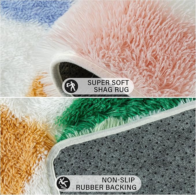 PureCozy Checkered Rug 6x6 for Living Room, Modern Neutral Shag Rug Washable - Image 4
