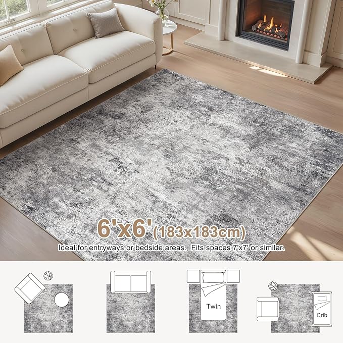 UERMEI Square Area Rugs : Washable 6x6 Neutral Modern Abstract Carpet - Image 3