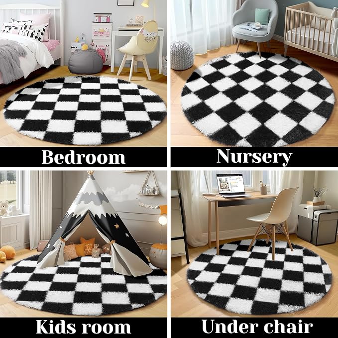 KICMOR Round Rug 4ft for Bedroom, Indoor Checkered Circular Rug for Kids Room - Image 5
