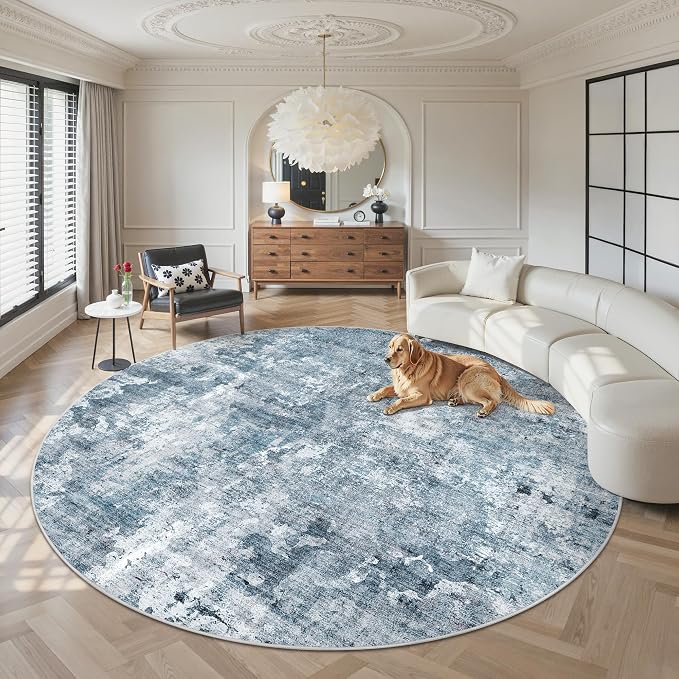 Soalmost 8x8 Blue/Grey Round Rug 8ft Living Room Circle Rug Vintage Round Area by Soalmost