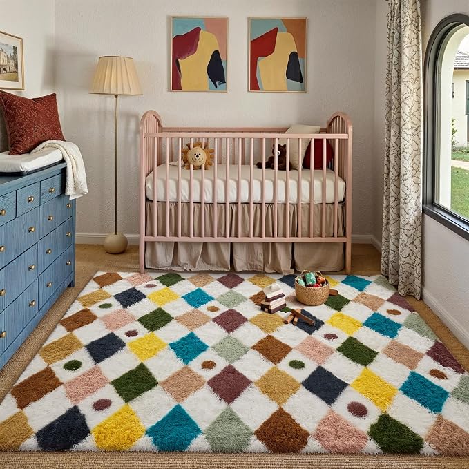 PureCozy Checkered Rug 4x6 Fluffy Shag Living Room Rainbow Area Rug Modern by PureCozy