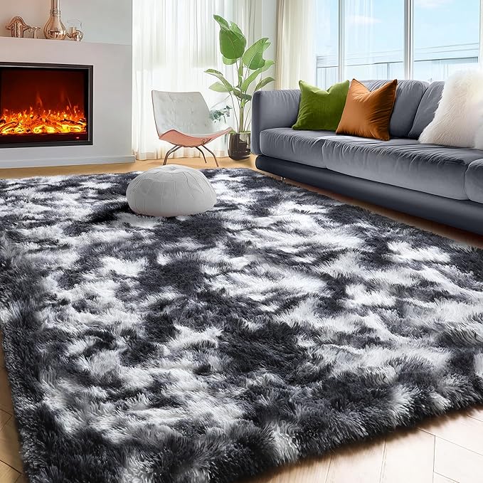 PAGISOFE Black White Rugs for Living Room 6x9, Shag Fuzzy Fluffy Rugs for - Image 3