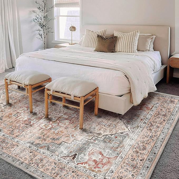 CHAMPLANT Washable Area Rug 8'x10' Light Cyan and Light red Retro Boho Design - Image 2