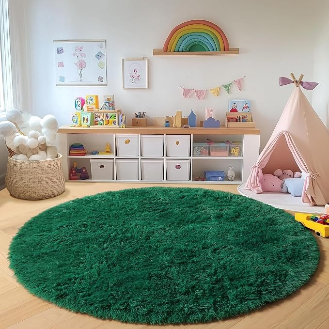ONASAR Dark Green Round Area Rugs 5ft, Fluffy Soft Bedroom Circle Rug - Image 5