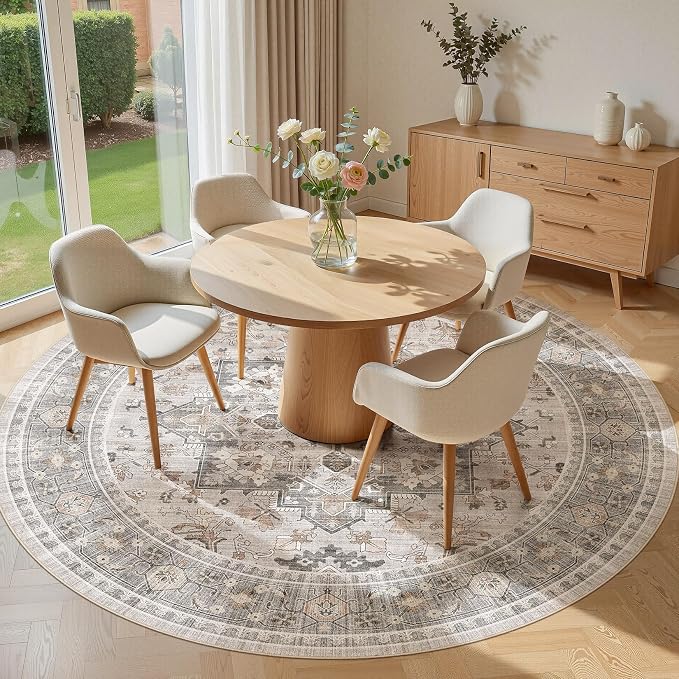 6ft Round Area Rug: Washable Vintage Neutral Soft Non Slip Thin Large Floor - Image 3