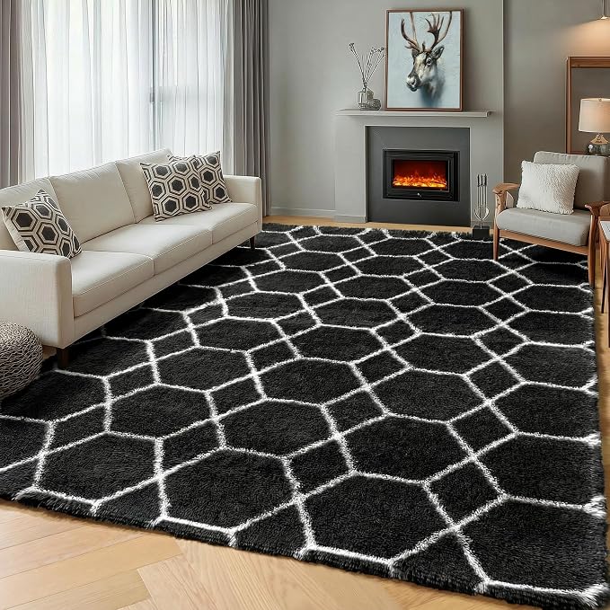 ONASAR 5x7 Area Rugs for Living Room Bedroom, Fluffy Black and White Rug by ONASAR