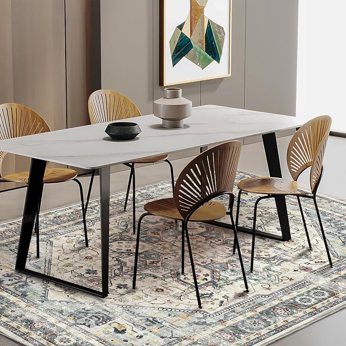 CHAMPLANT Area Rug 5'x7' Cyan Khaki Washable Vintage Traditional Floor Cover - Image 2