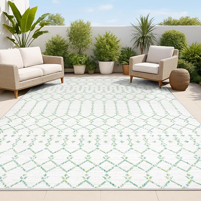 JONATHAN Y Moroccan Geometric Indoor Outdoor Area Rug 3X5 Green/Ivory, Ourika by JONATHANY