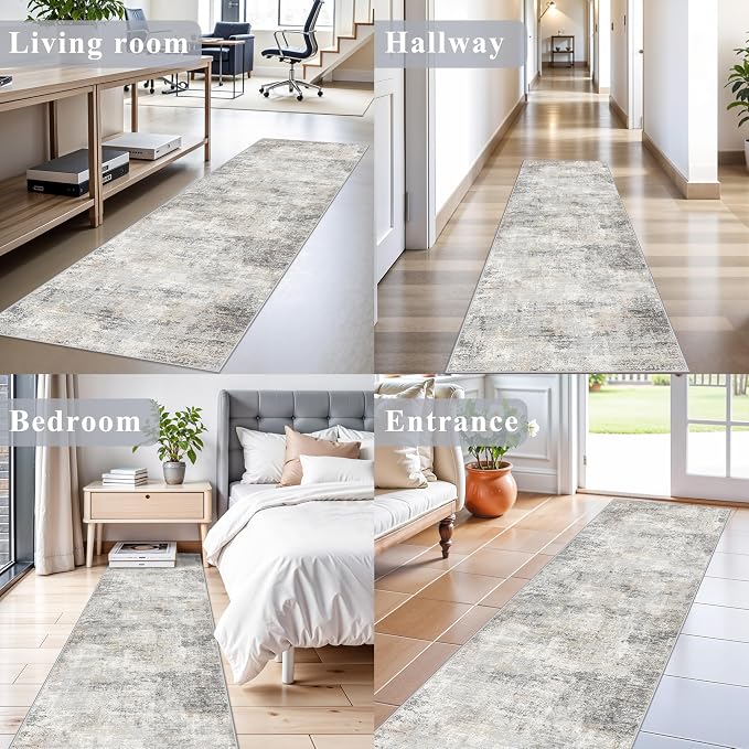 2x8 Washable Hallway Runner Rug – Non-Slip Modern Abstract Neutral Low-Pile - Image 4
