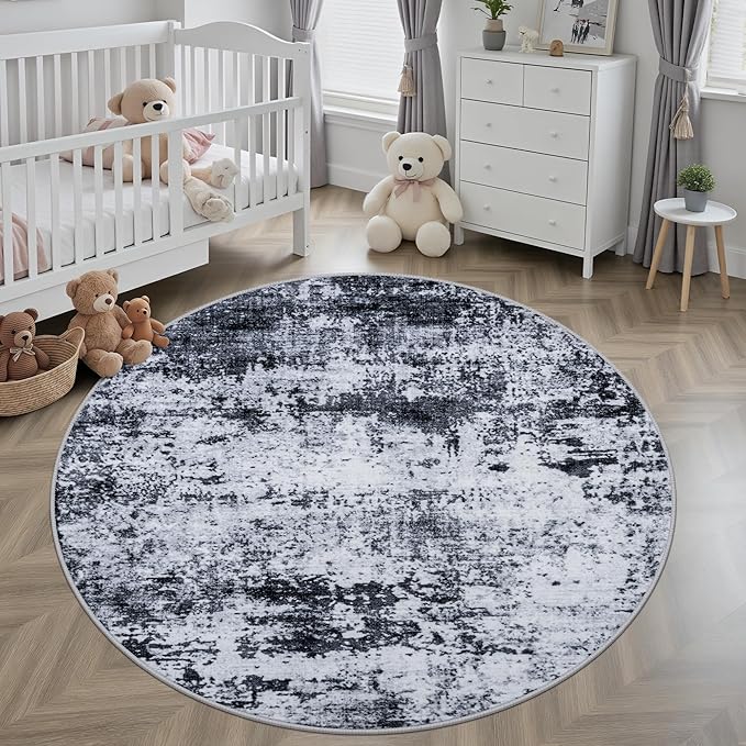 Round Area Rug for Living Room: 4 ft Washable Modern Abstract Soft Thin Rug - Image 3