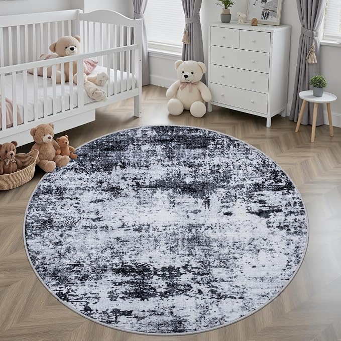Round Area Rug for Living Room: 5 ft Washable Modern Abstract Soft Thin Rug - Image 3