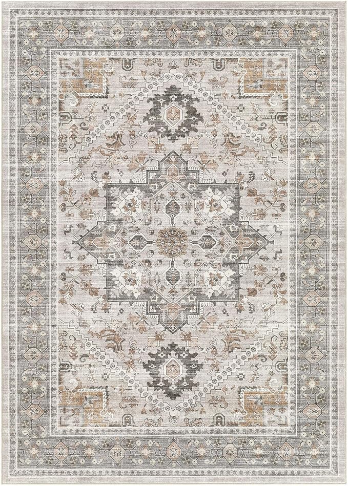 5x8 Vintage Area Rug: Washable Neutral Soft Non Slip Thin Large Floor Carpet - Image 9