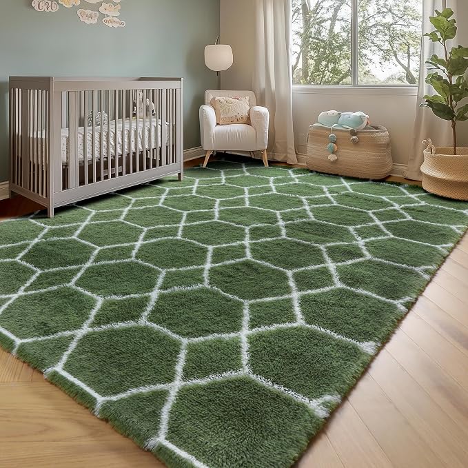 ONASAR 5x7 Area Rugs for Living Room Bedroom, Fluffy Olive Green and White - Image 8