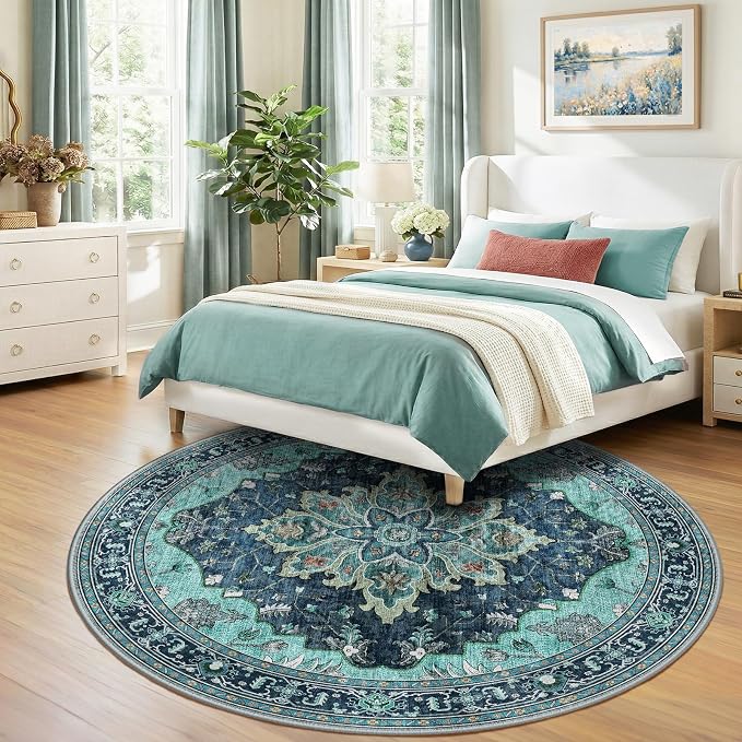 RELEANY Area Rugs Round 8ft Washable Non-Slip, Floral Vintage Distress - Image 3