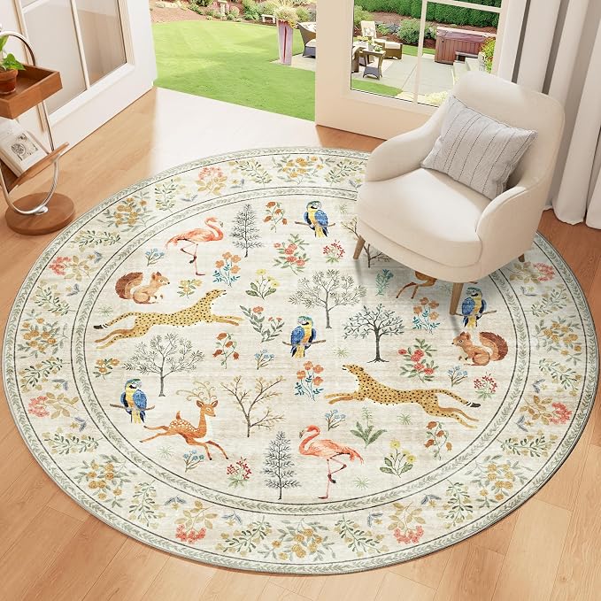 DUKINO 4ft Round Rug, Washable Round Area Rug, Non Slip Indoor Low Pile Animal - Image 4