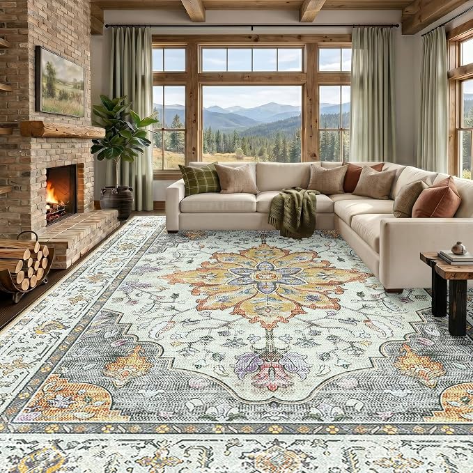 RELEANY Area Rugs Large 10'x14' Washable Non-Slip, Floral Vintage Distress by RELEANY