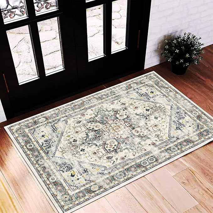 CHAMPLANT 2'x3' Cyan Khaki Area Rug Washable Door Mat Vintage Distressed by CHAMPLANT