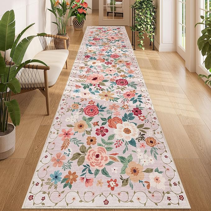 DUKINO 3x12 Washable Runner Rug, Non Slip Soft Floral Hallway Runner Rug by DUKINO
