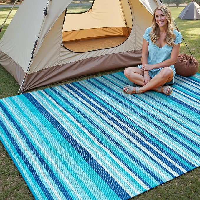 Outdoor Plastic Straw Rug Waterproof Patio 5x8 Blue Teal Stripe Mat - Image 3